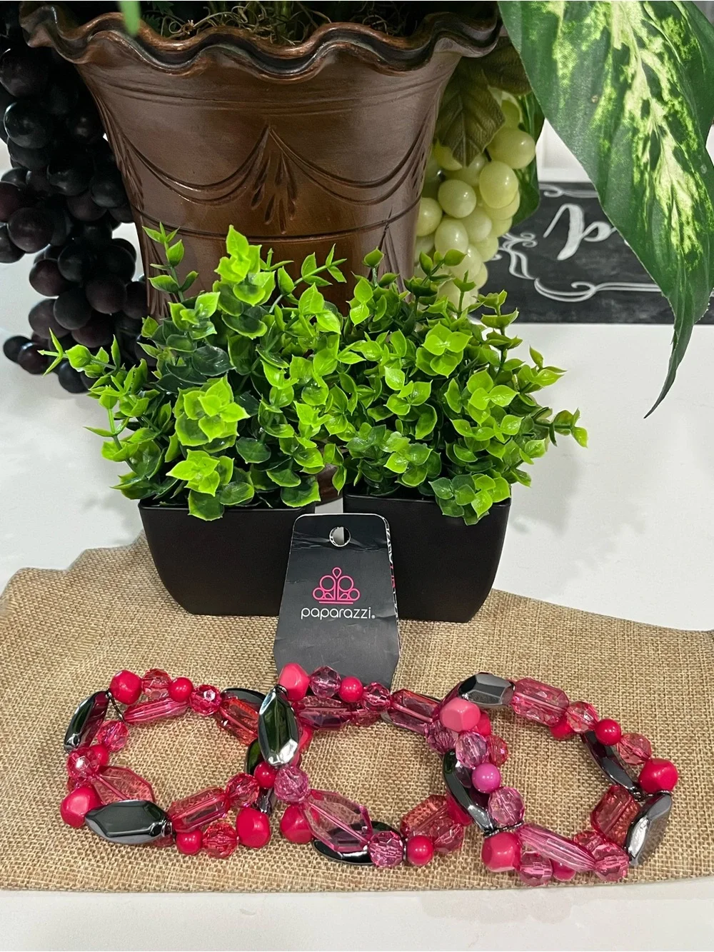 Bundle of 3-paparazzi Pink & Black Mixed Bead Stretch Bracelet Set